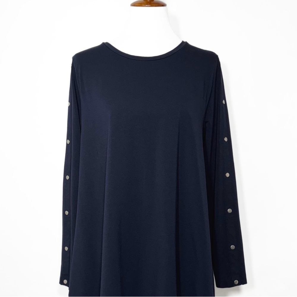 Chico’s Navy Blue Snap Button Long Sleeve Pima Cotton Knit Tunic Top Tee L - Picture 6 of 10